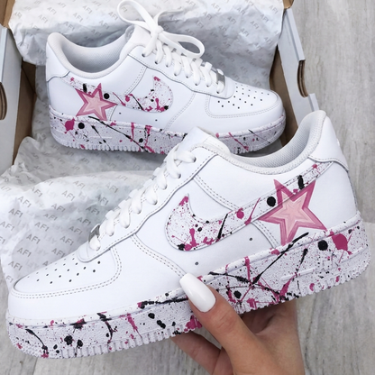 Custom AF 1s Shoes Splatter Star Baby Pink Black