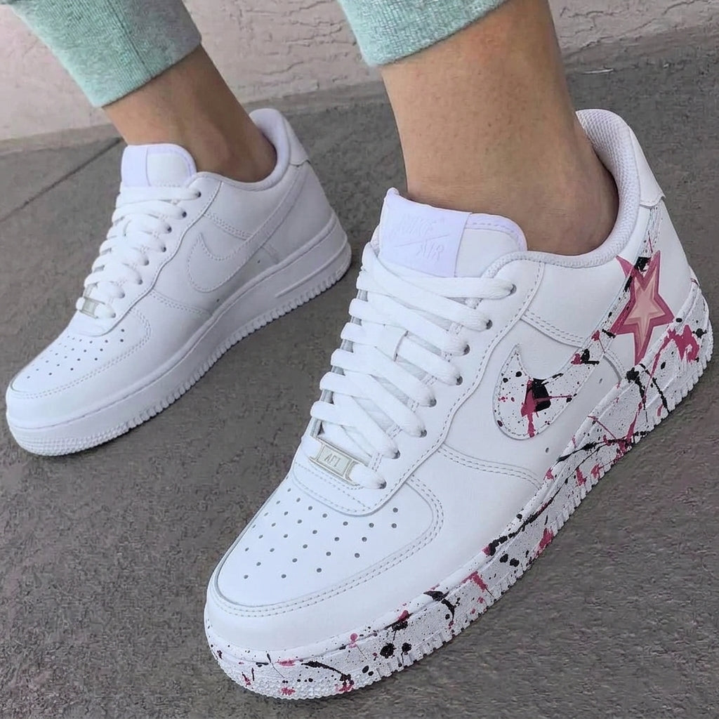 Custom AF 1s Shoes Splatter Star Baby Pink Black