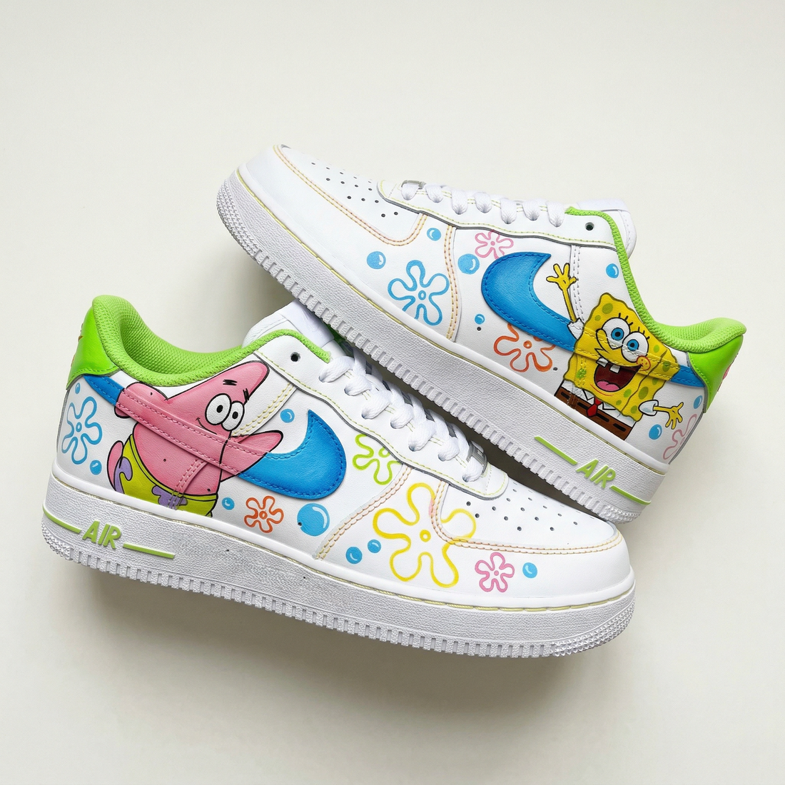 Custom AF 1s Shoes SpongeBob And Patrick Star Cartoon Green Blue Pink Yellow