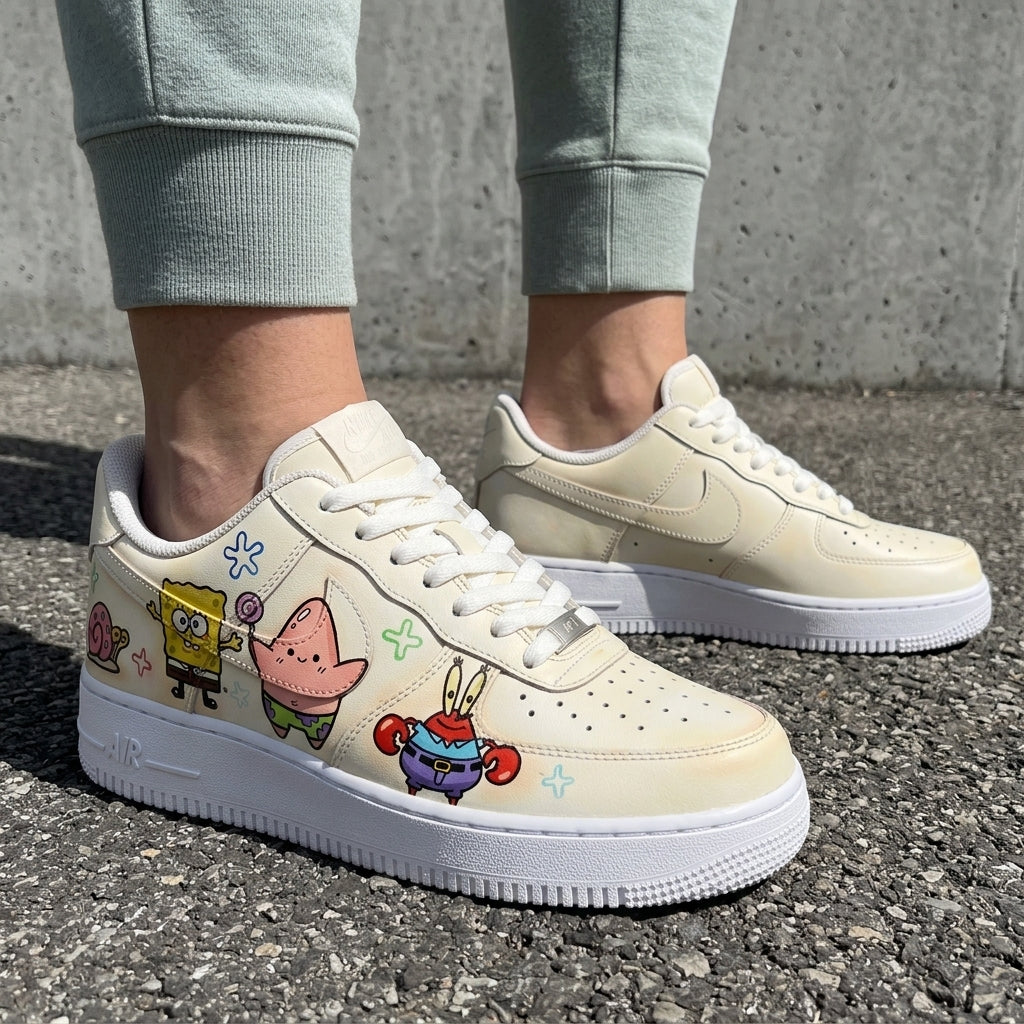 Custom AF 1s Shoes SpongeBob Patrick Mr.Krabs Snail Cartoon Cream
