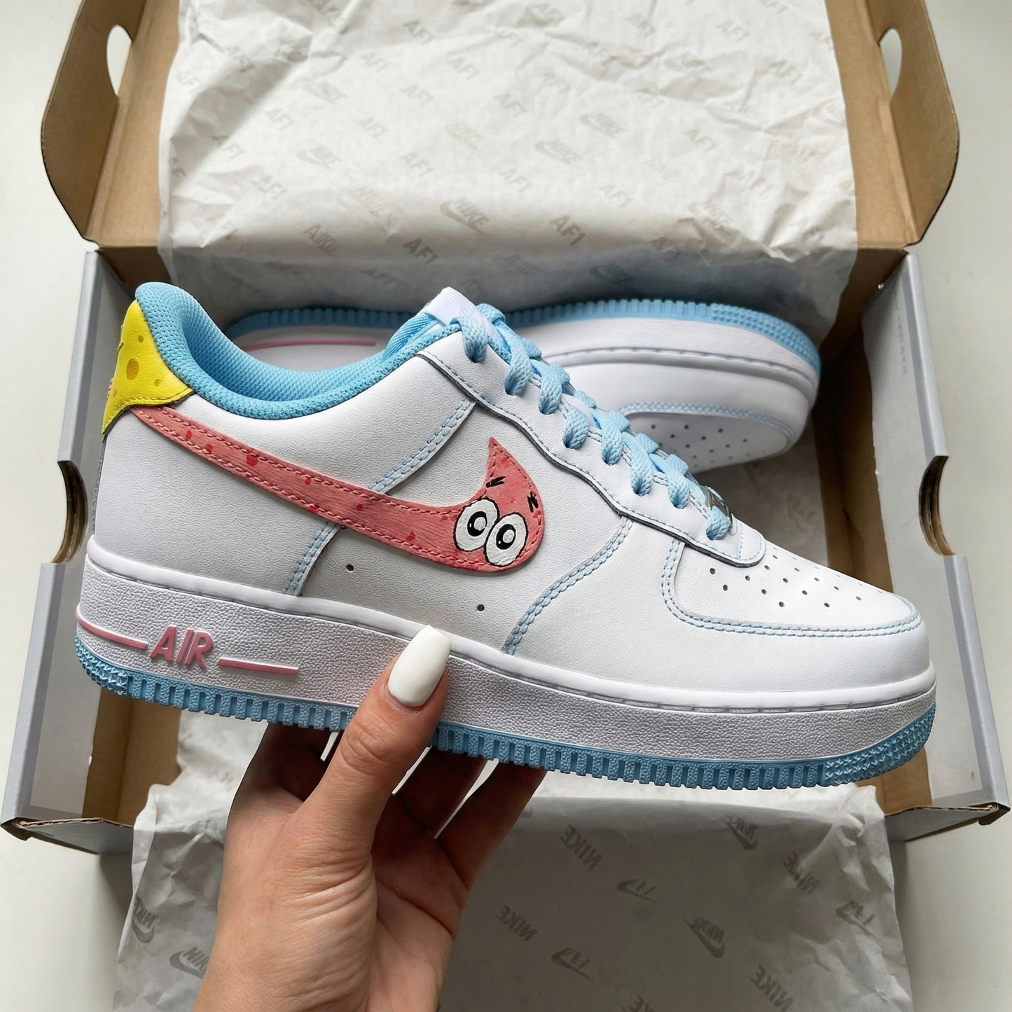 Custom AF 1s Shoes SpongeBob Patrick Pattern Baby Blue Pink Yellow