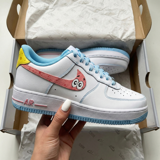 Custom AF 1s Shoes SpongeBob Patrick Pattern Baby Blue Pink Yellow