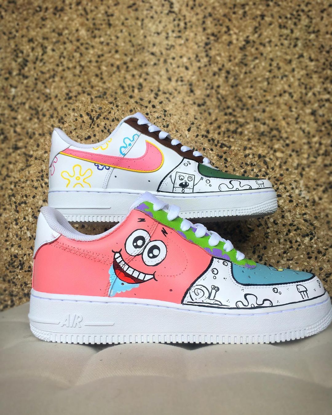 Custom AF 1s Shoes SpongeBob Pink Green Patrick Star Theme Pattern