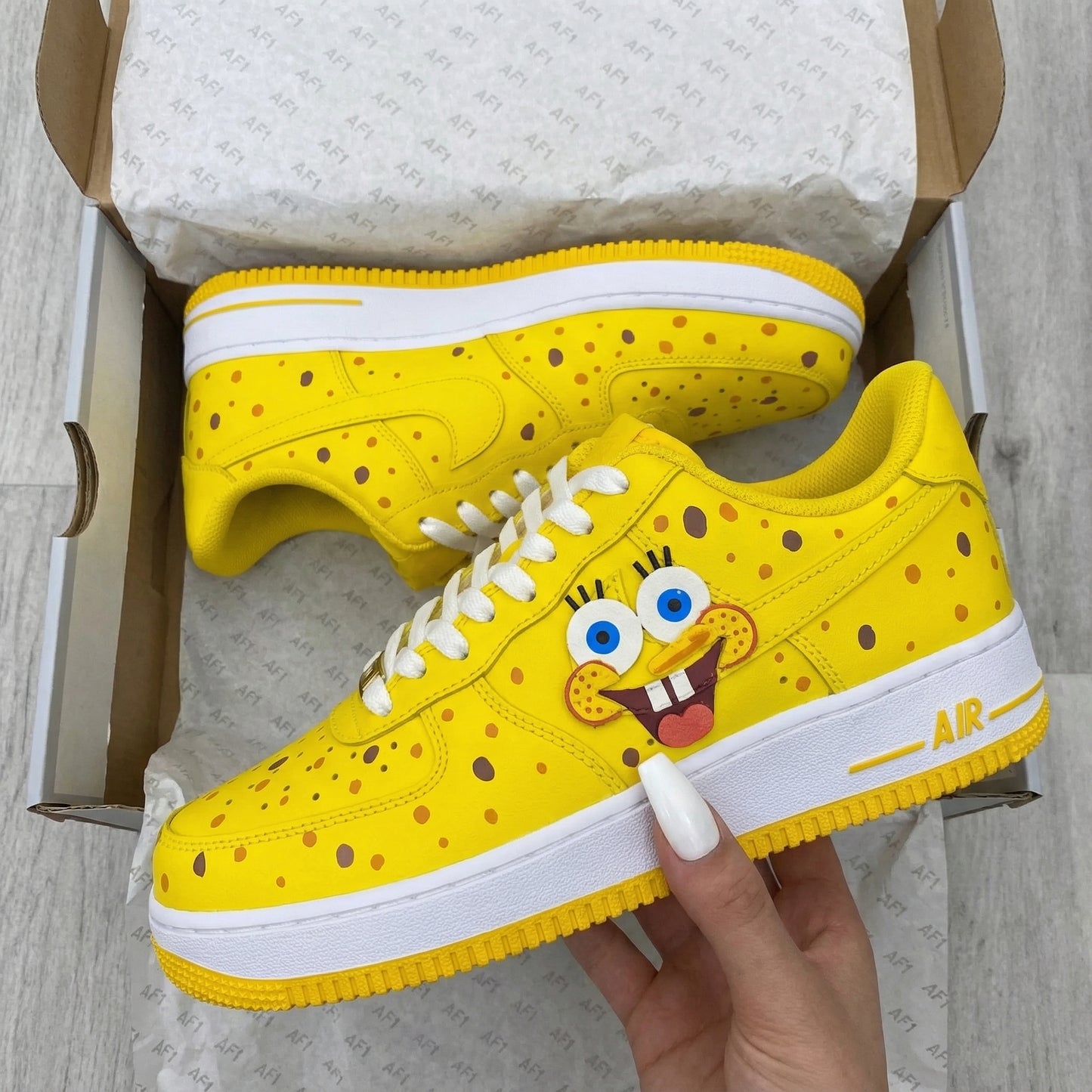 Custom AF 1s Shoes SpongeBob Theme Yellow White