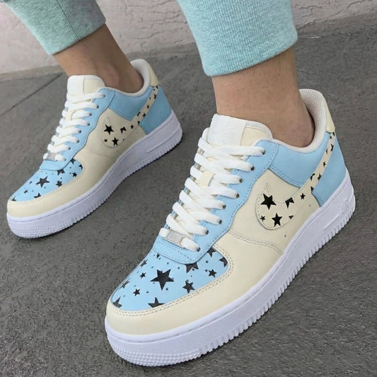 Custom AF 1s Shoes Star Pattern Baby Blue Cream