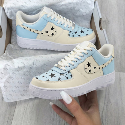 Custom AF 1s Shoes Star Pattern Baby Blue Cream