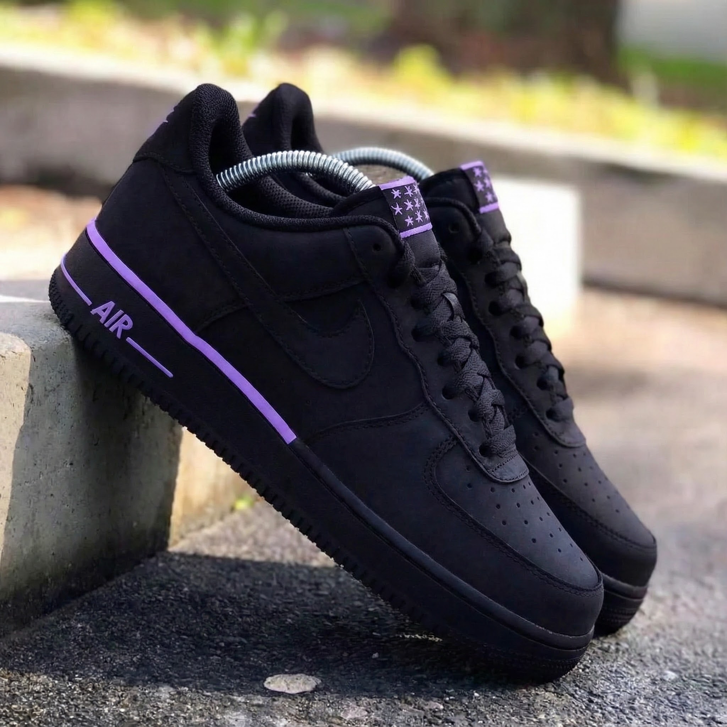 Custom AF 1s Shoes Star Pattern Black and Purple
