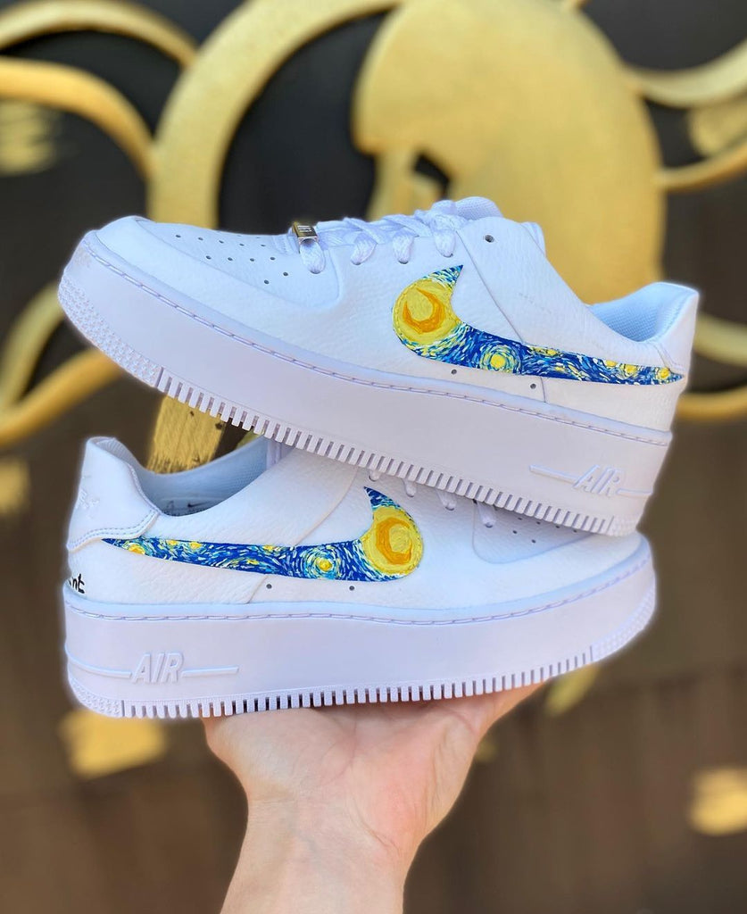 Custom AF 1s Shoes Starry Night Theme Blue Yellow