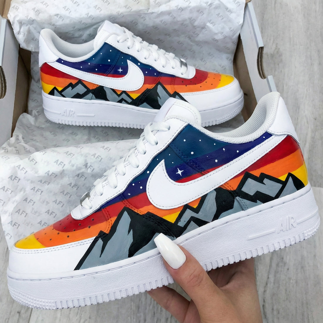Custom AF 1s Shoes Starry Sky Rainbow Mountain Navy Red Orange Yellow Gray Black