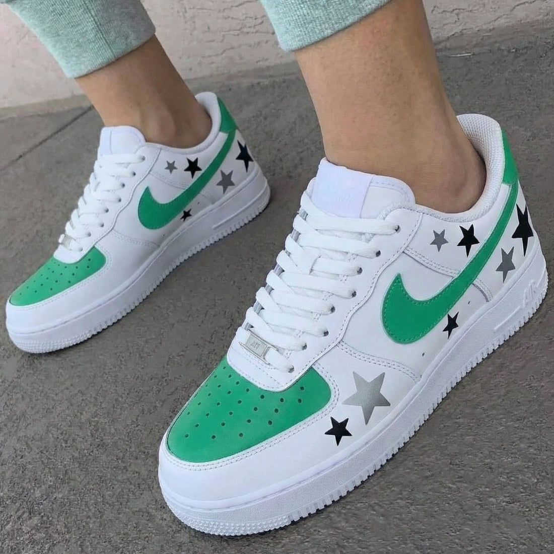 Custom AF 1s Shoes Stars Green Black Gray