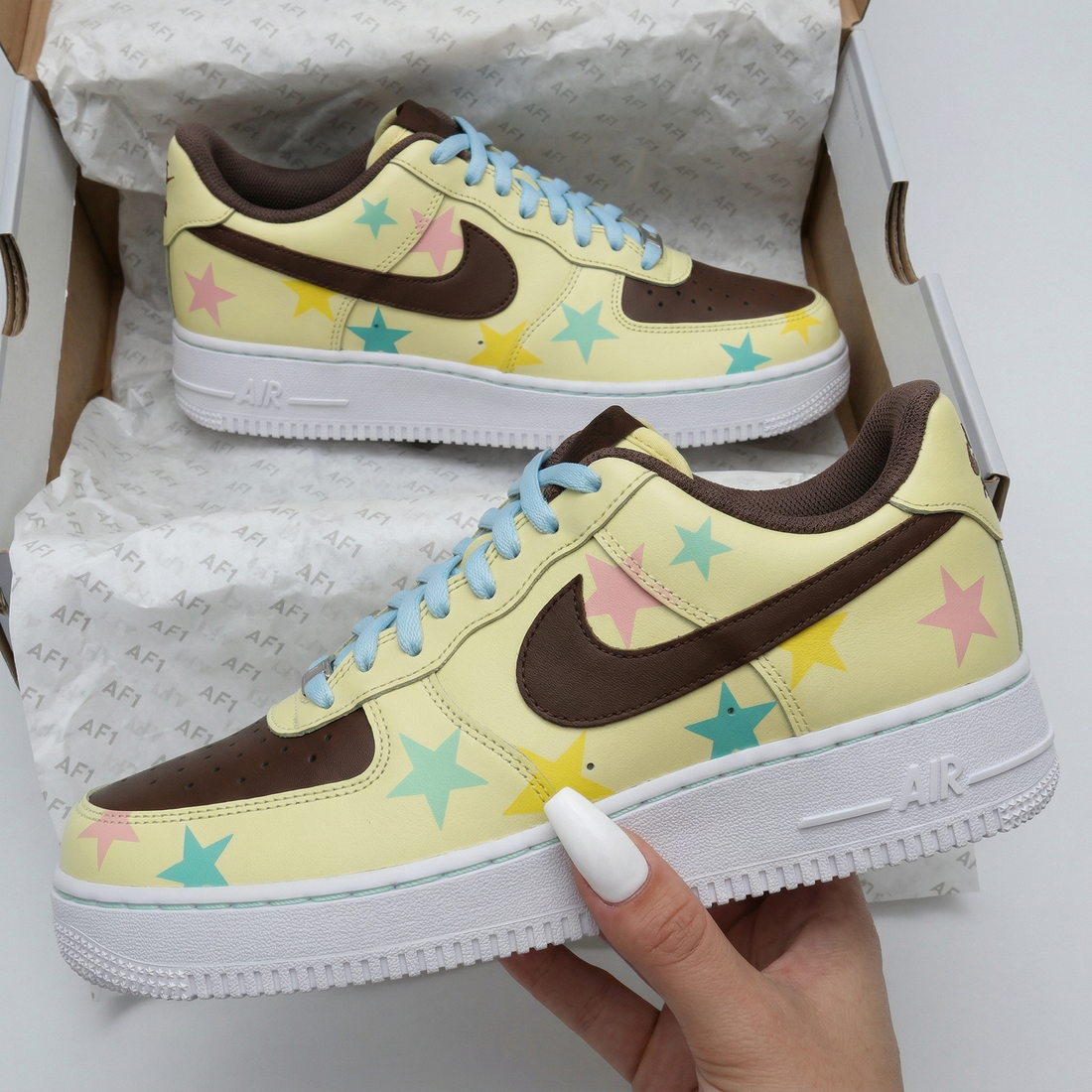 Custom AF 1s Shoes Stars Pattern Light Yellow Brown Baby Blue Pink