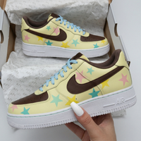Custom AF 1s Shoes Stars Pattern Light Yellow Brown Baby Blue Pink