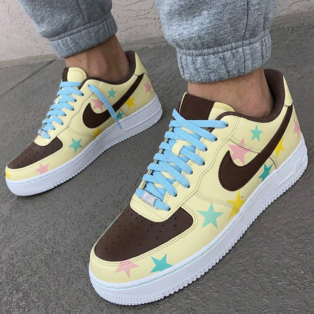 Custom AF 1s Shoes Stars Pattern Light Yellow Brown Baby Blue Pink