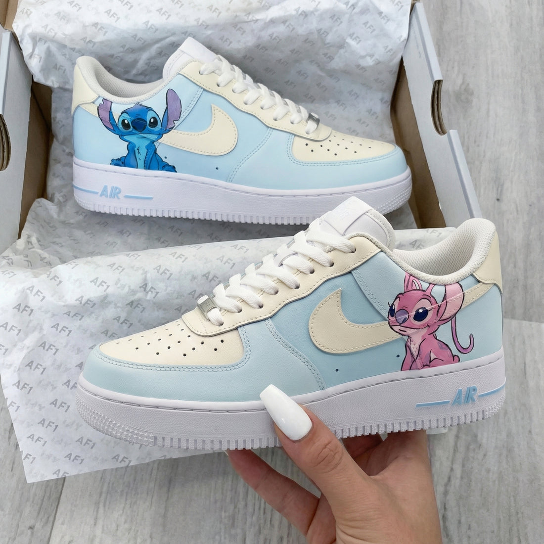 Custom AF 1s Shoes Stitch Angel Printed Baby Blue Cream