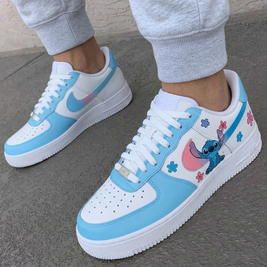 Custom AF 1s Shoes Stitch Flowers Baby Blue Baby Pink