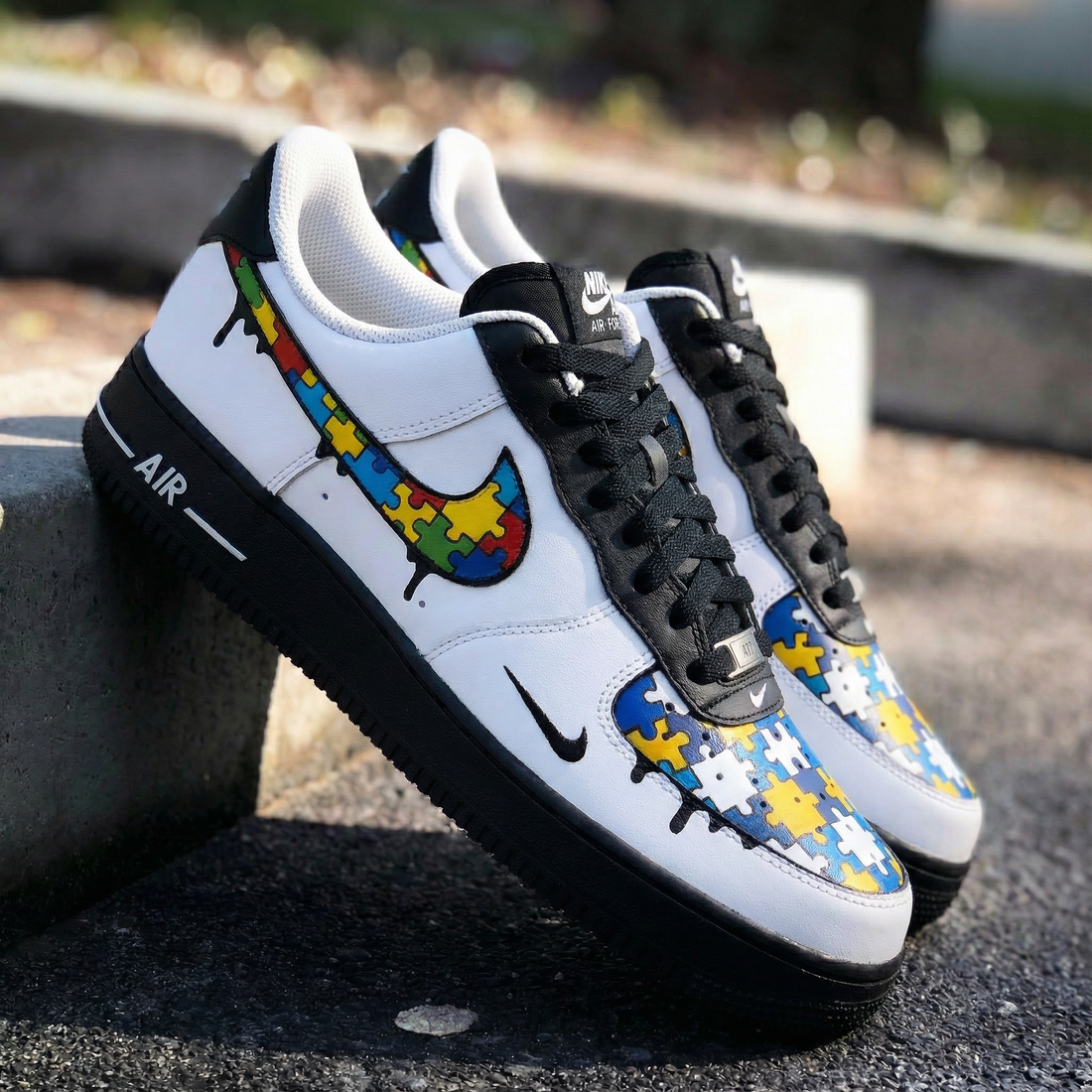 Custom AF 1s Shoes Street Black Rainbow Puzzle