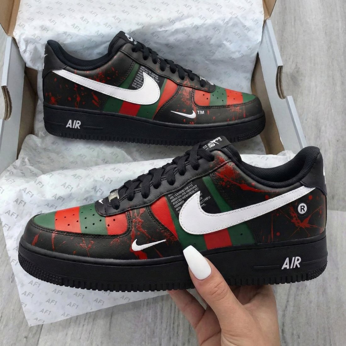 Custom AF 1s Shoes Striped Pattern Red Green Black