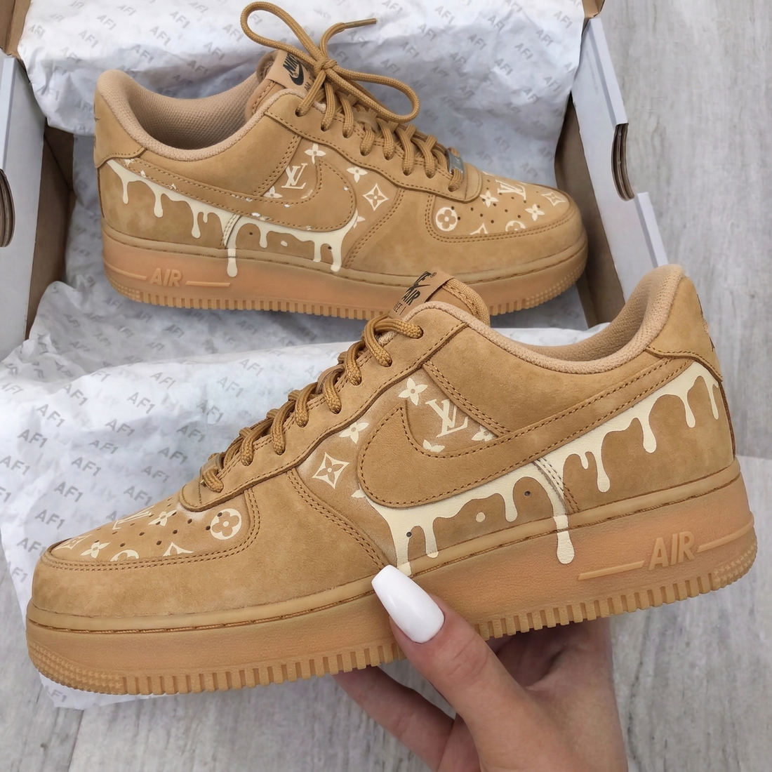 Custom AF 1s Shoes Suede LV Drip Tan White