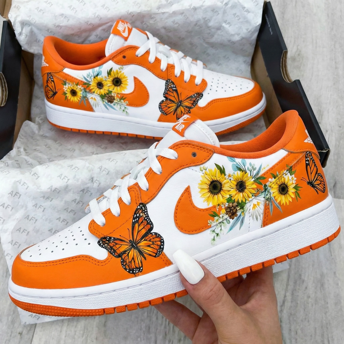 Custom AF 1s Shoes Sunflower Butterflies Orange
