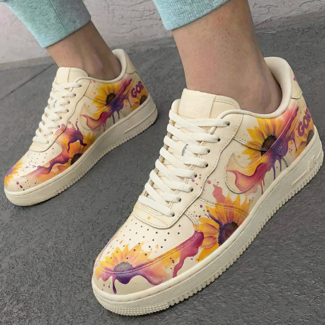 Custom AF 1s Shoes Sunflower Design Yellow Purple