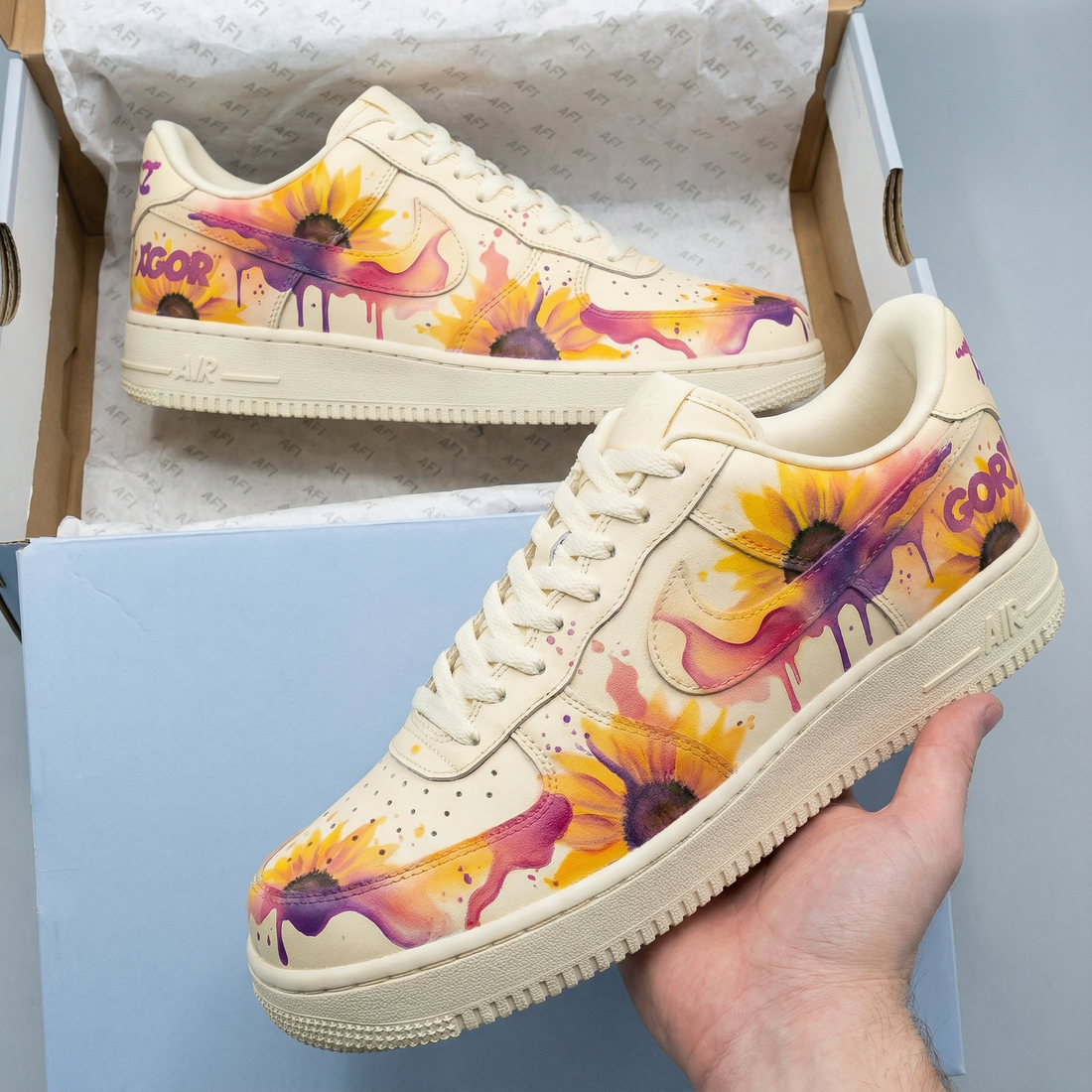 Custom AF 1s Shoes Sunflower Design Yellow Purple