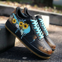 Custom AF 1s Shoes Sunflower Floral Design Black and Turquoise