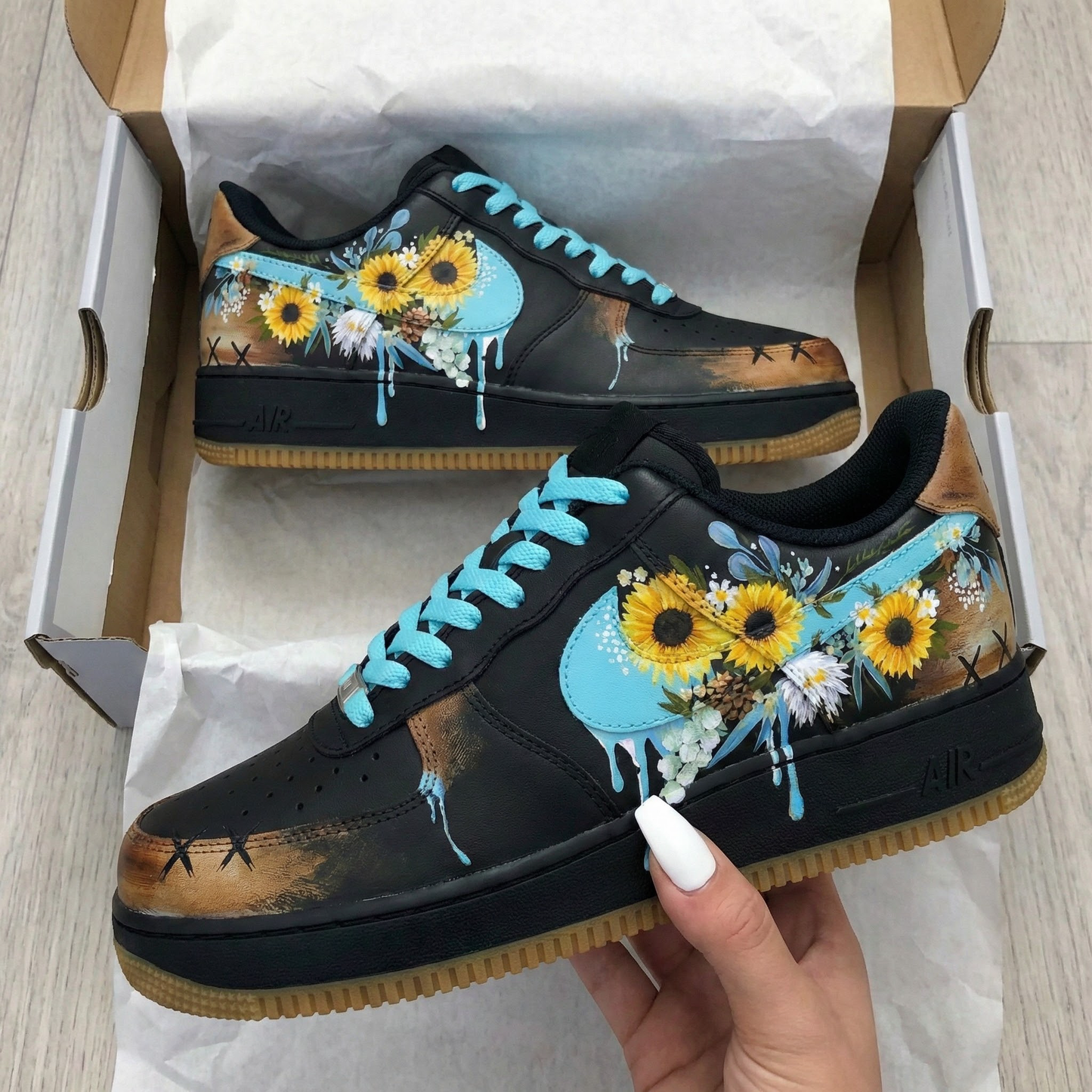 Custom AF 1s Shoes Sunflower Floral Design Black and Turquoise