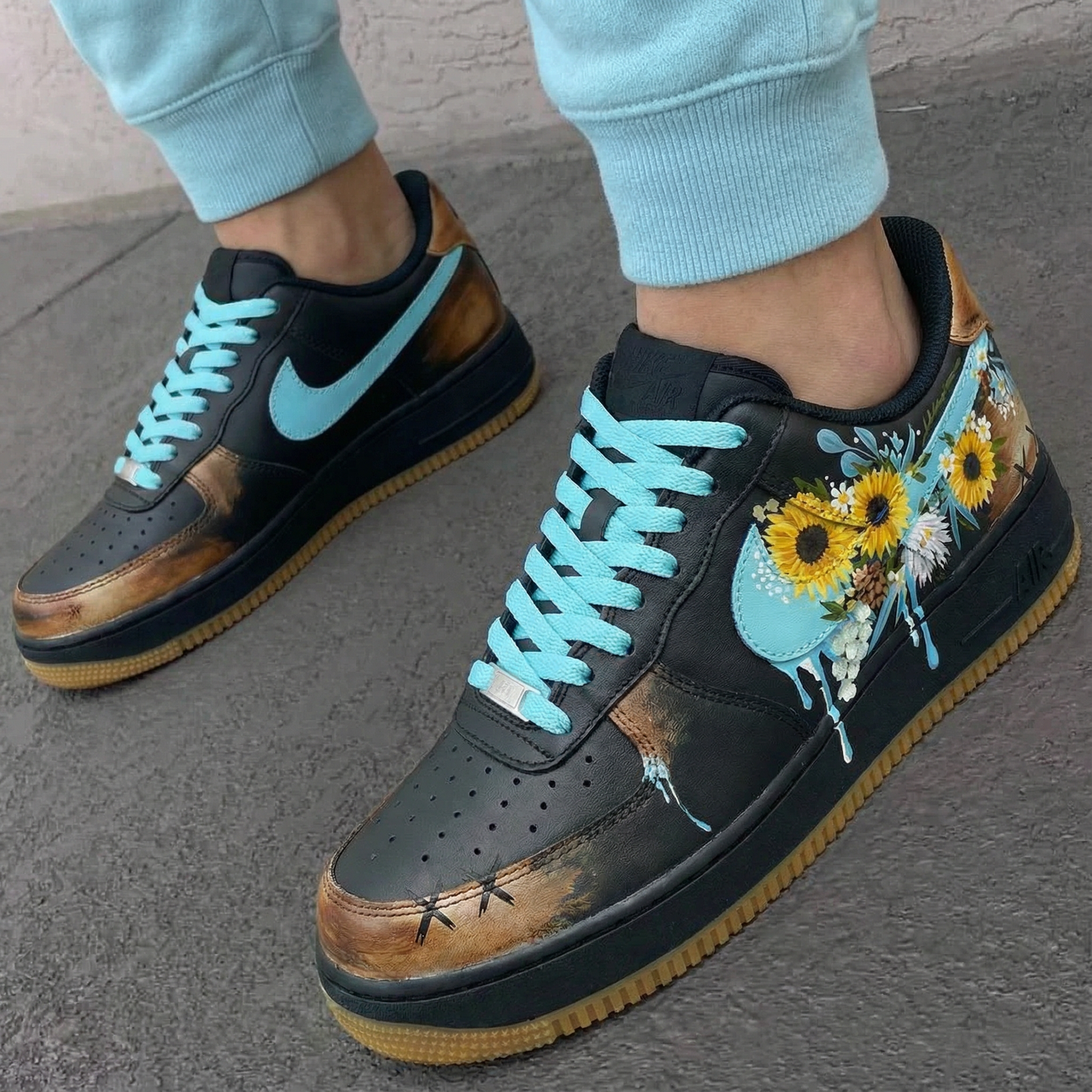 Custom AF 1s Shoes Sunflower Floral Design Black and Turquoise