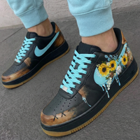 Custom AF 1s Shoes Sunflower Floral Design Black and Turquoise