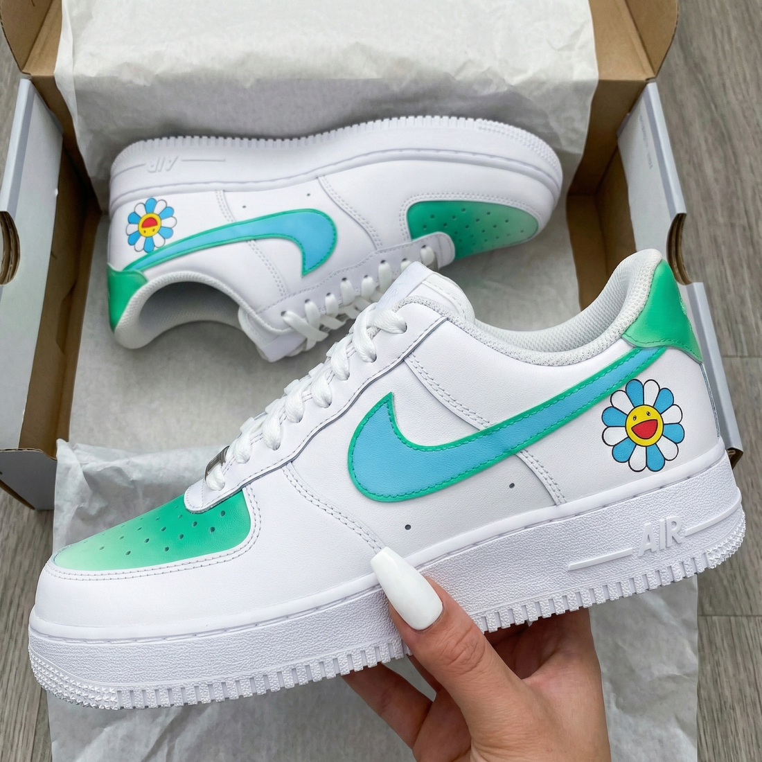 Custom AF 1s Shoes Sunflower Green Baby Blue