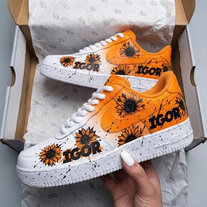 Custom AF 1s Shoes Sunflower Print Orange White