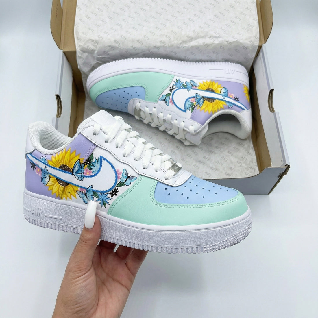 Custom AF 1s Shoes Sunflowers Butterflies Baby Blue Mint Green Lavender