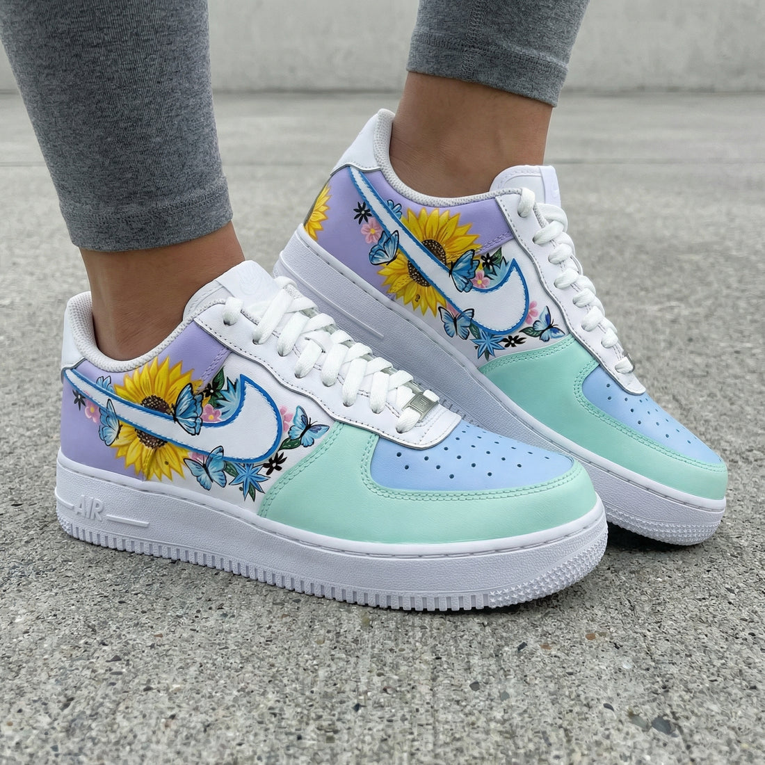 Custom AF 1s Shoes Sunflowers Butterflies Baby Blue Mint Green Lavender