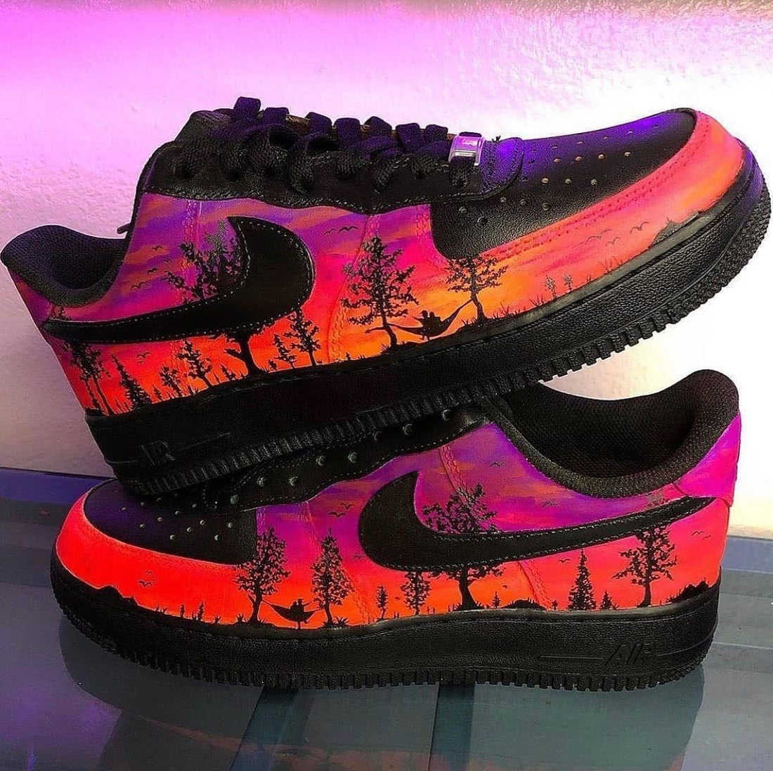 Custom AF 1s Shoes Sunset Landscape Pattern Black Purple