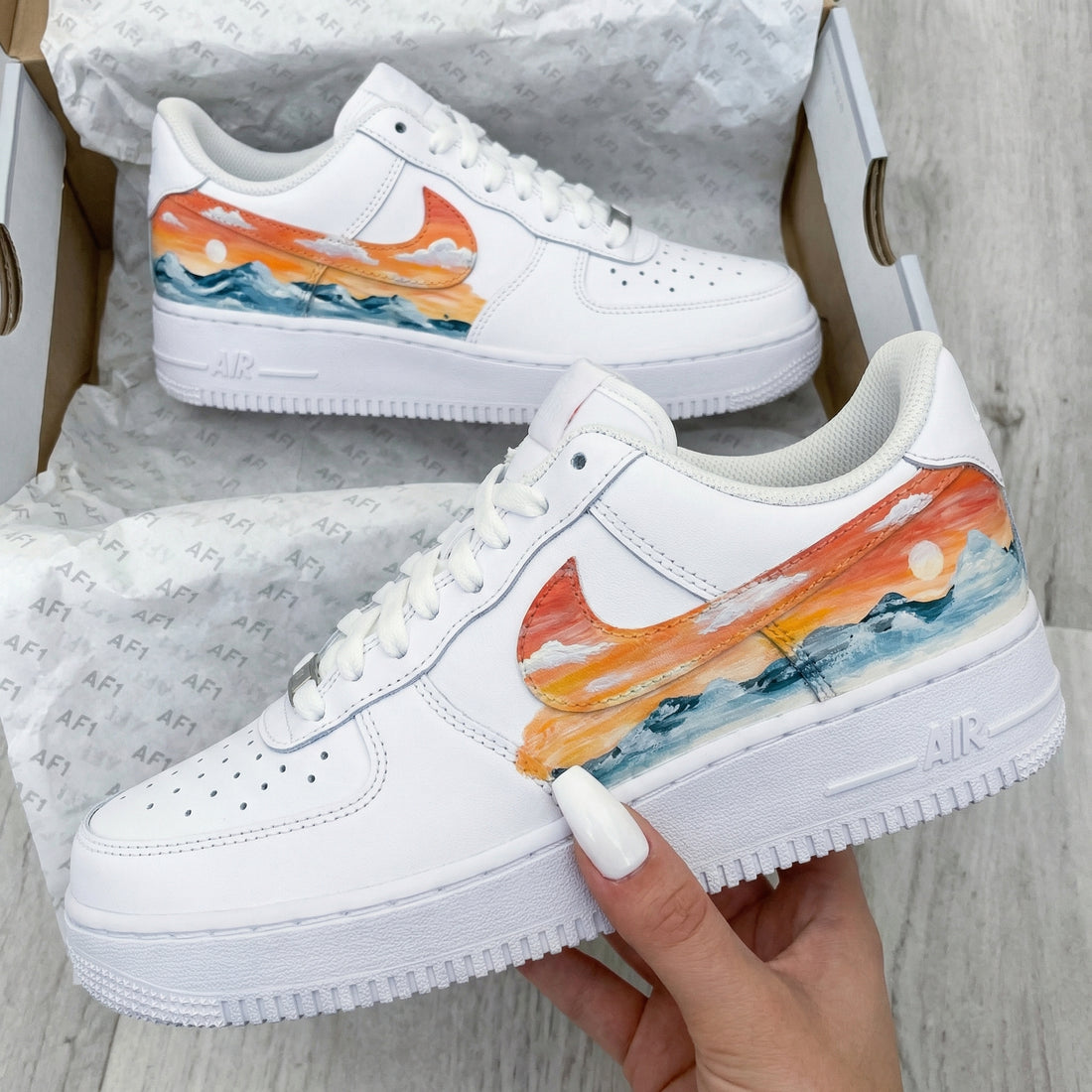 Custom AF 1s Shoes Sunset Ocean Wave Handpainted Orange Blue