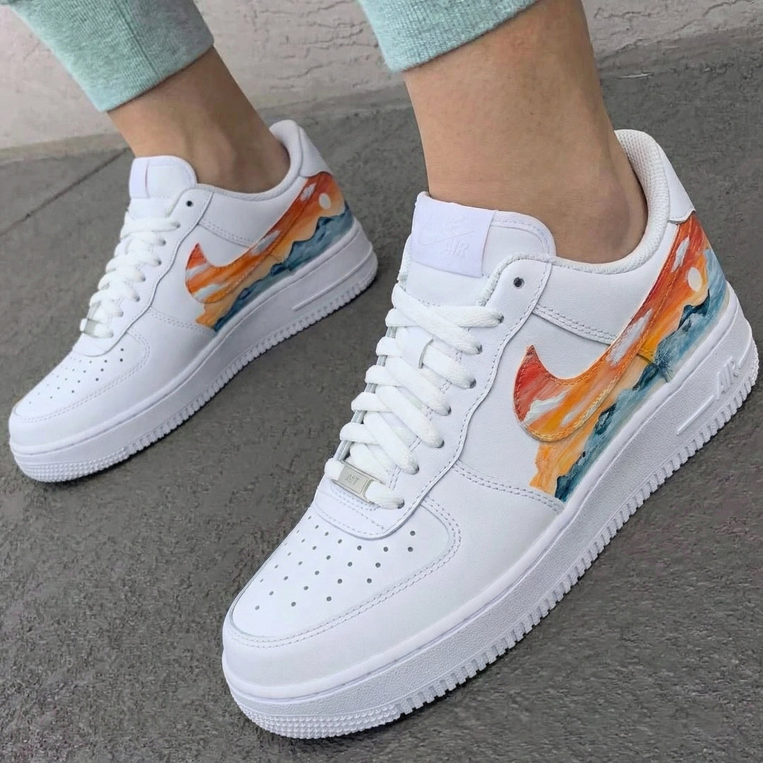 Custom AF 1s Shoes Sunset Ocean Wave Handpainted Orange Blue