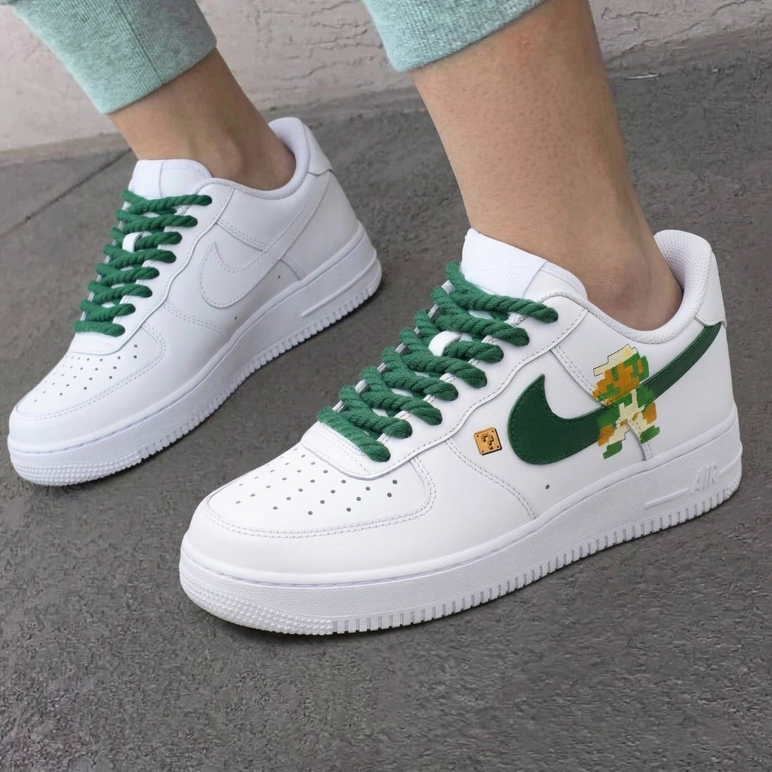 Custom AF 1s Shoes Super Mario Question Mark Tiles Green Gold
