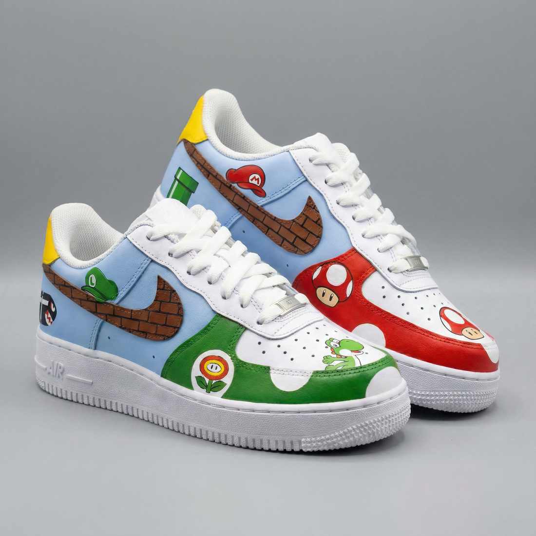 Custom AF 1s Shoes Super Mario Theme Baby Blue Red Green