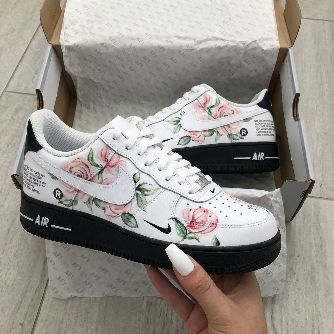 Custom AF 1s Shoes Sweet Rose Pattern Black Pink