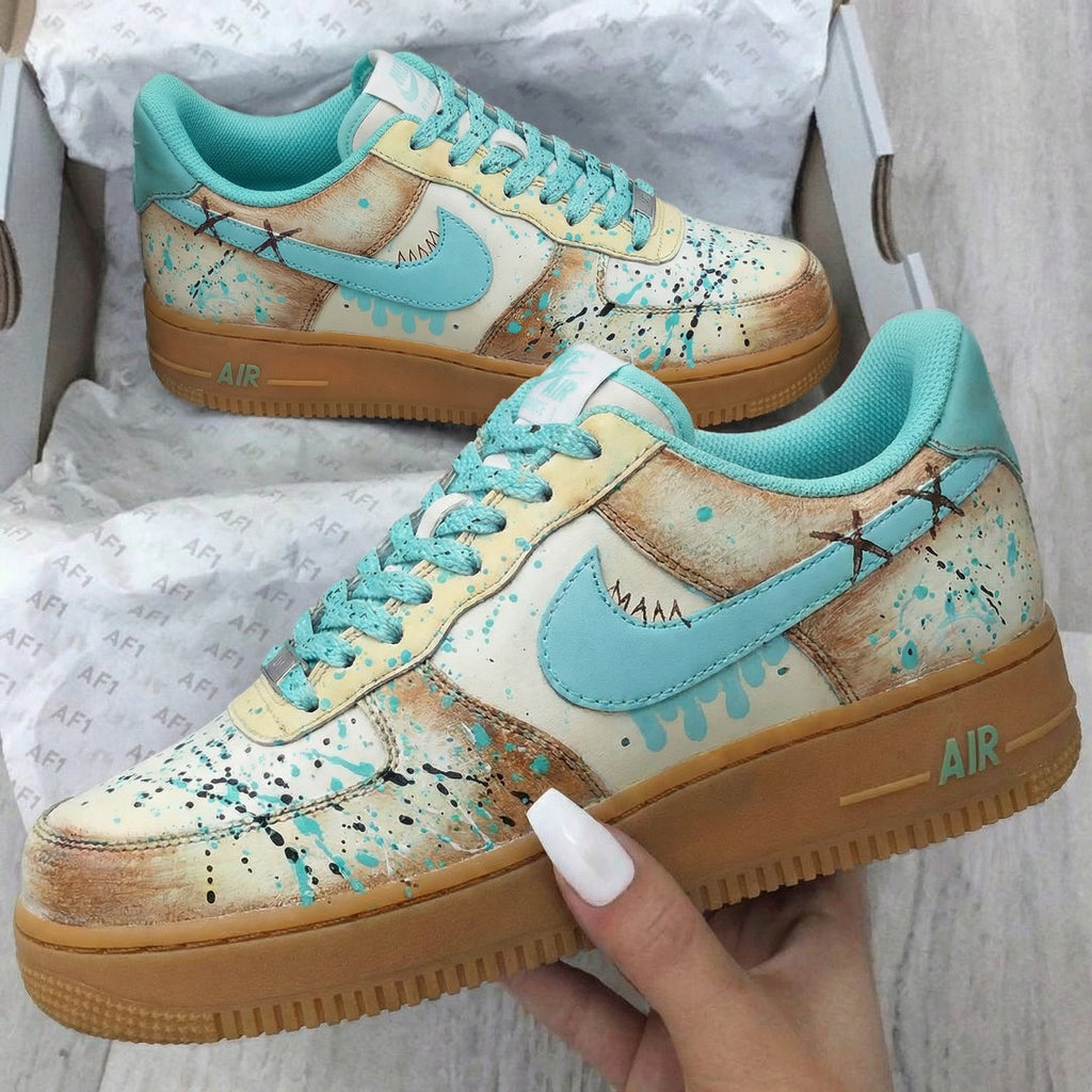 Custom AF 1s Shoes Teal Earth Brown Paint Splatter