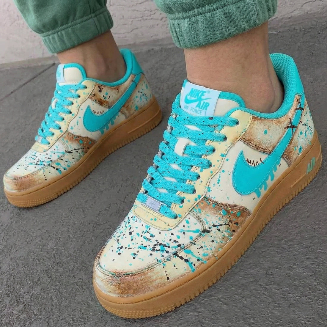 Custom AF 1s Shoes Teal Earth Brown Paint Splatter