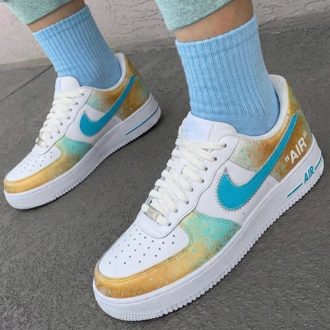 Custom AF 1s Shoes Teal Gold Colorway