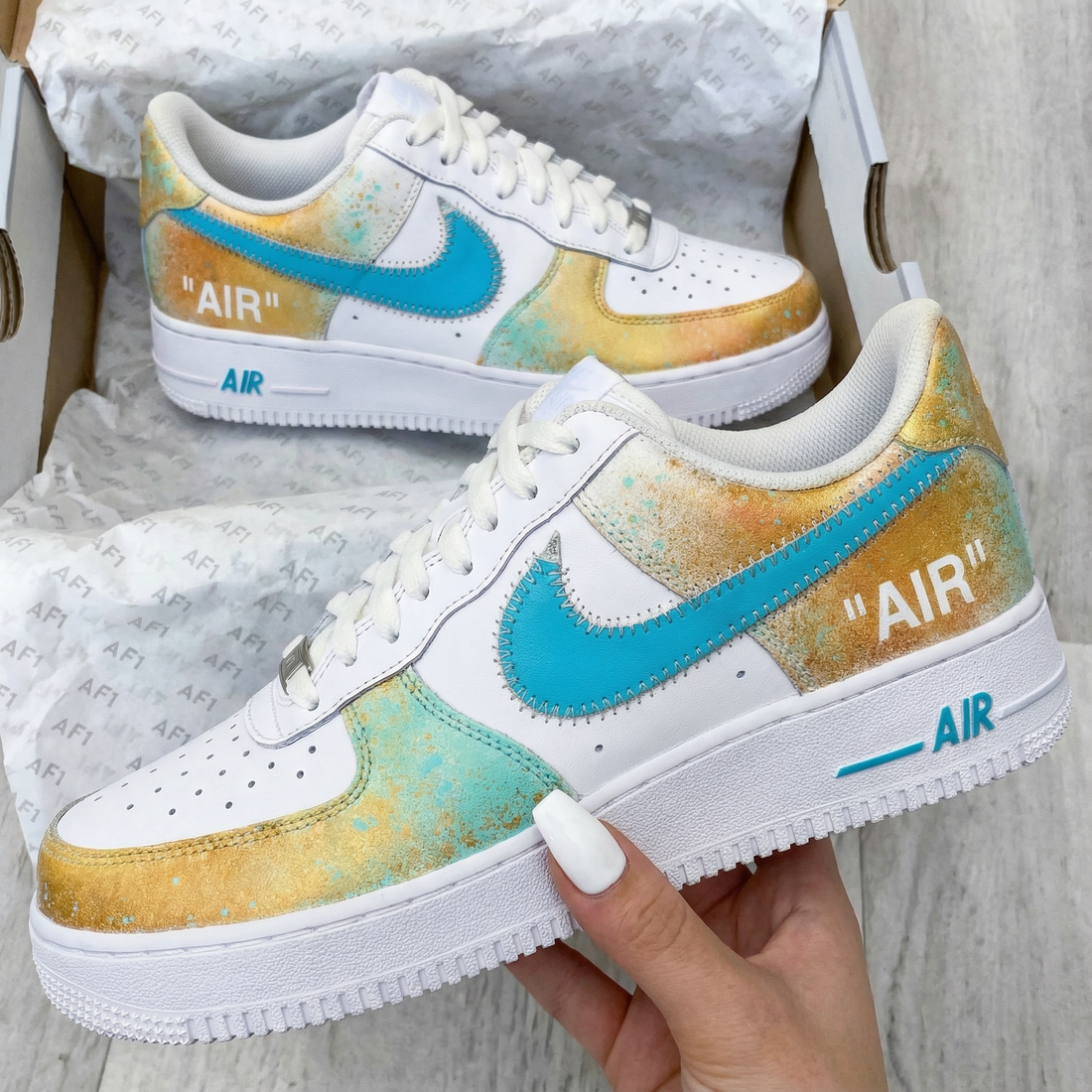 Custom AF 1s Shoes Teal Gold Colorway
