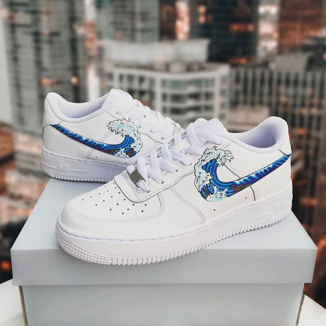 Custom AF 1s Shoes The Great Wave Blue Design