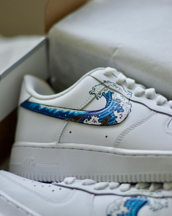 Custom AF 1s Shoes The Great Wave off Kanagawa Blue Brown