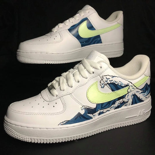 Custom AF 1s Shoes The Great Wave Off Kanagawa Design Lime Green Blue