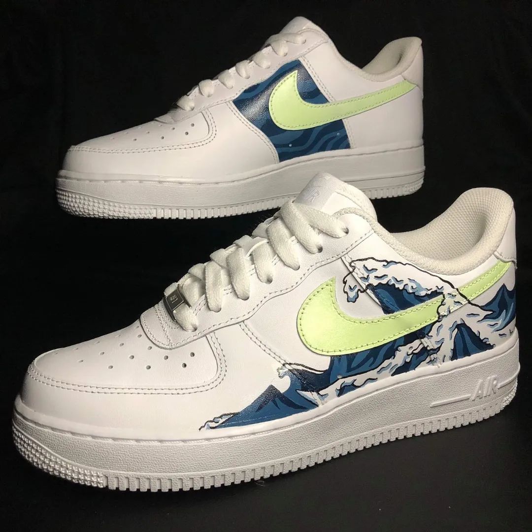 Custom AF 1s Shoes The Great Wave Off Kanagawa Design Lime Green Blue