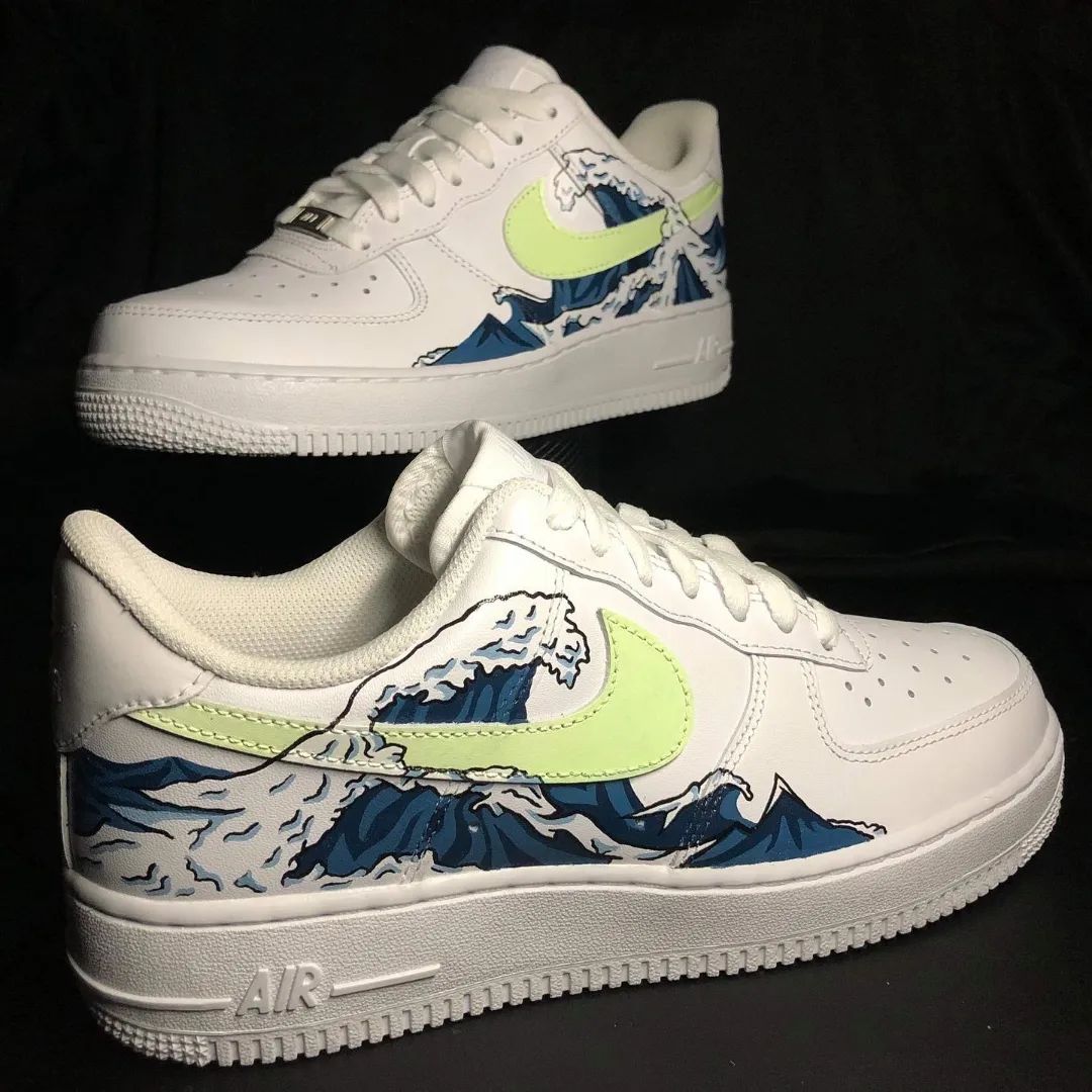 Custom AF 1s Shoes The Great Wave Off Kanagawa Design Lime Green Blue