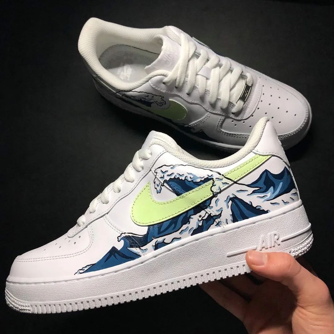 Custom AF 1s Shoes The Great Wave Off Kanagawa Design Lime Green Blue