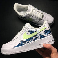 Custom AF 1s Shoes The Great Wave Off Kanagawa Design Lime Green Blue